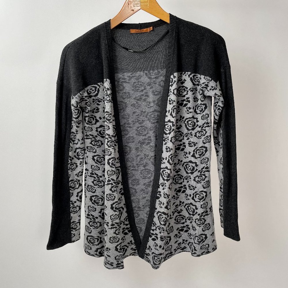 Belldini Two-Tone Grey Long Open Cardigan Sweater With Flower Motif, Size M